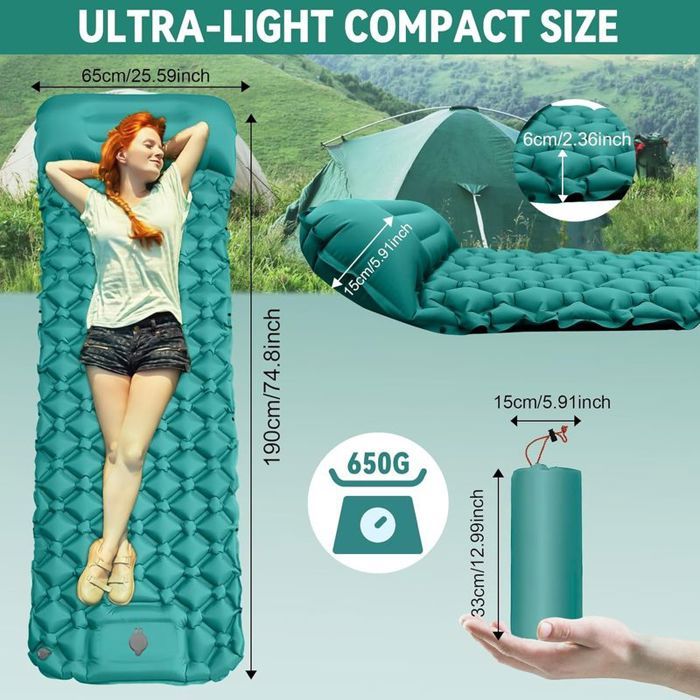 Tapis De Camping Gonflable Ultraléger Avec Oreiller – Pompe à Pied 50s, 970g, Double Connectable, Parfait Pour Tente Et Rando