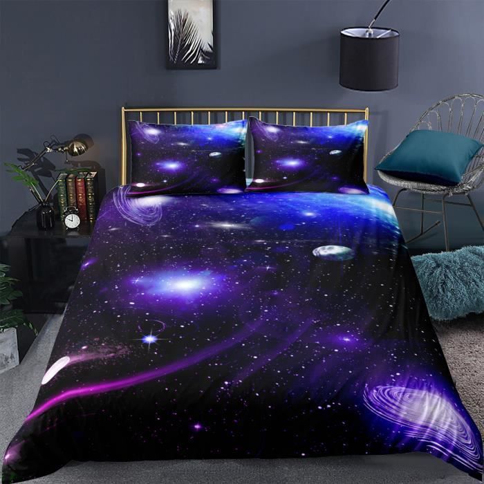 Housse De Couette Galaxie Marbre 200x200 Cm - 3 Pièces Microfibre, 2 Taies, Attaches Angles, Lavable Machine