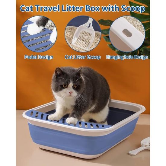 Bac à Litière Pliable Pour Chat, 47x36x14 Cm | Tissu Oxford Imperméable | Portable, Voyage, Camping | Gris