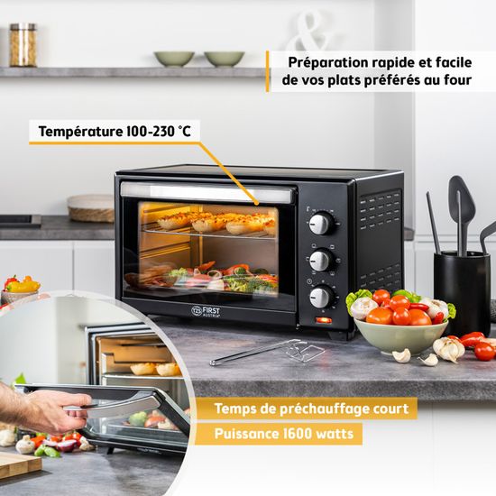 Mini Four Électrique TZS First Austria 30L – 3200W Convection, Minuteur 60 Min, Rôtissoire, Double Vitrage, Noir