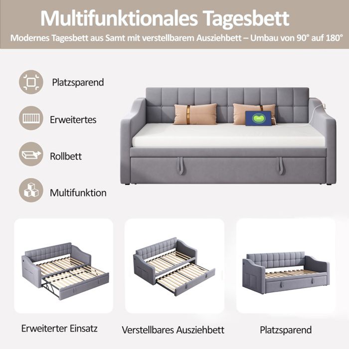 Canapé-lit Convertible Avec Rangements Et LED - 90/180x190 Cm, Gris Foncé, Couchage Flexible, Prise Intégrée - 6