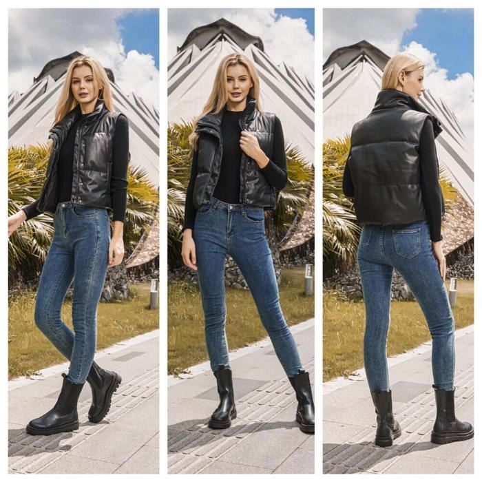 Gilet femme marque de luxe couleur unie gilet court en PU avec col montant noir Cdiscount Pret a Porter