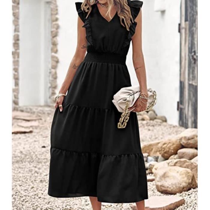 Robe t femme longue legante Robe de plage noir unie Robe col V