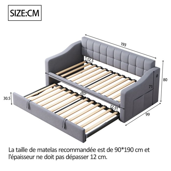 Canapé-lit Gigogne Lit Enfant Cadre De Lit Lit Adulte 90 X 200 Cm Tissu En Lin Beige 91199977