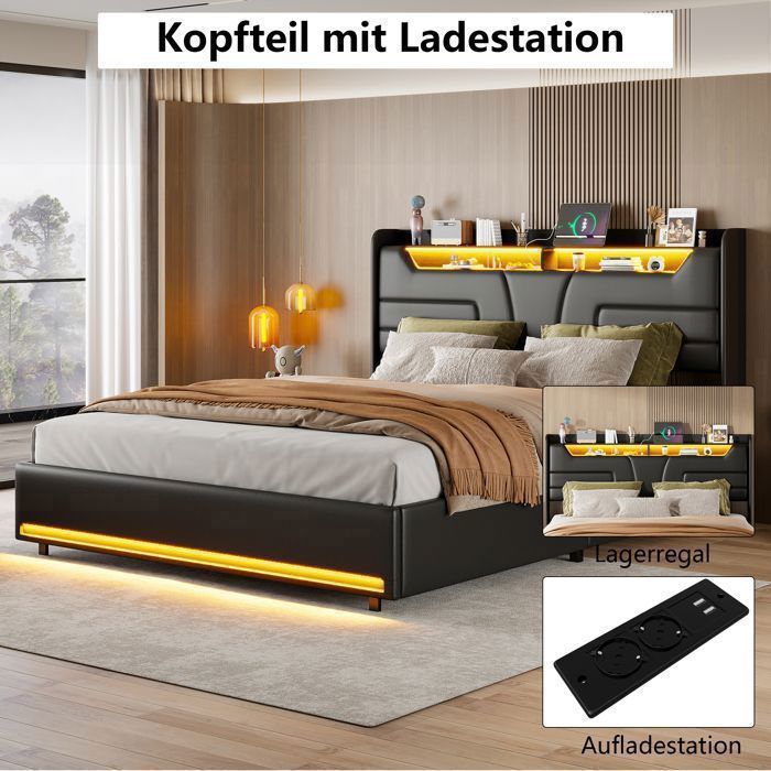 FOERPL Lit Coffre 160x200 cm, Lit Double avec LED et Ports USB, Cadre de lit avec Tête de Lit capitonné et Rangement, Lattes en Bois, Lin Beige | Leroy Merlin