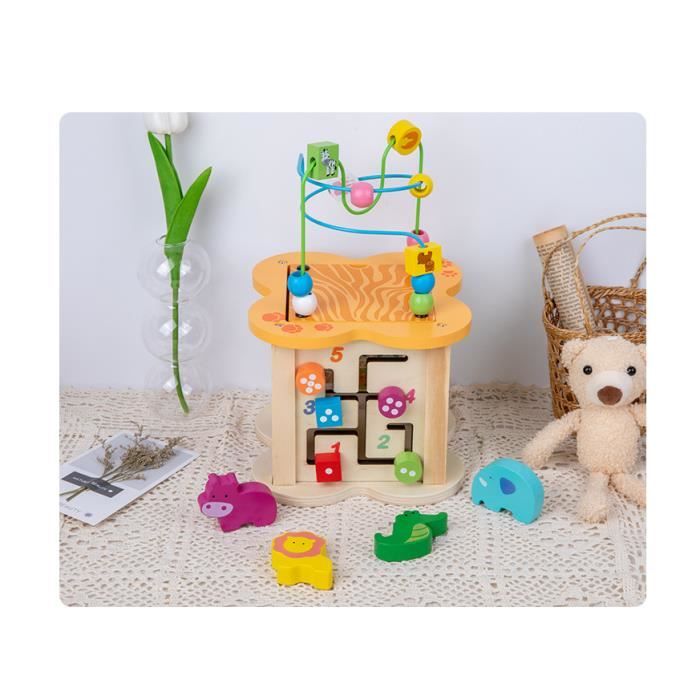 Speedy Monkey - Cube d’Activités Bébé 5 en 1 en Bois FSC - Jouet Montessori 12 Mois et Plus - Labyrinthe de Perles, Trieur de Formes, Engrenages