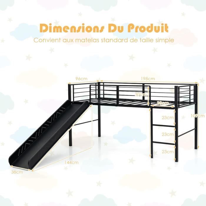 Lit Mezzanine Enfant Avec Toboggan Et échelle - Structure Acier, 198x96x109cm, Capacité 150kg, Sans Matelas