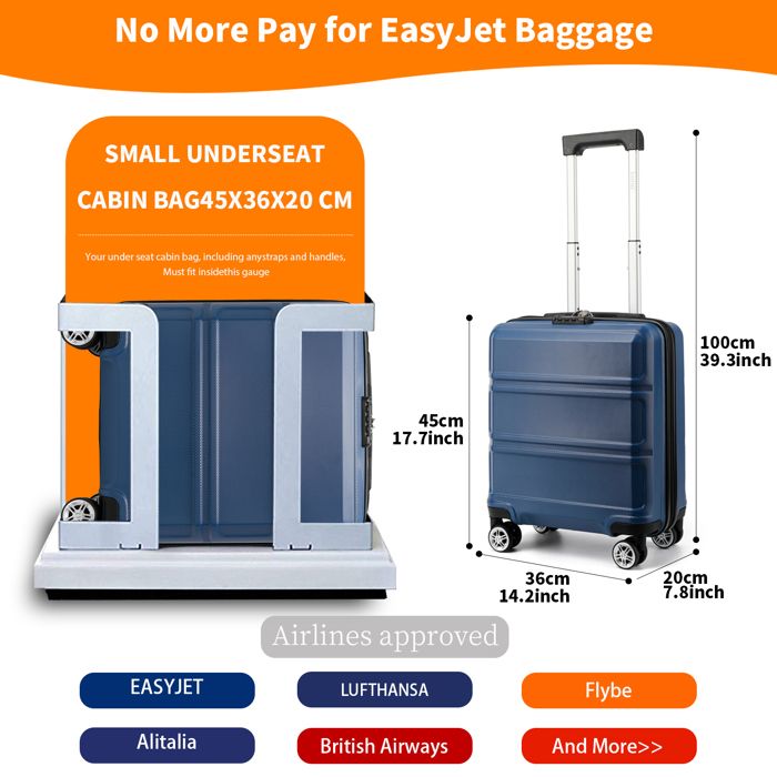 Valise Rigide Bagage à Main Avec Serrure TSA - Compartiment Ordinateur, Roulettes, ABS PC - Bleu Foncé - 13