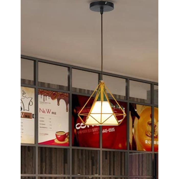 Lustre Industriel Vintage E27 - Suspension Métal Diamant 25 Cm - Câble Réglable 100 Cm - Or Rose - Pour Salon, Cuisine