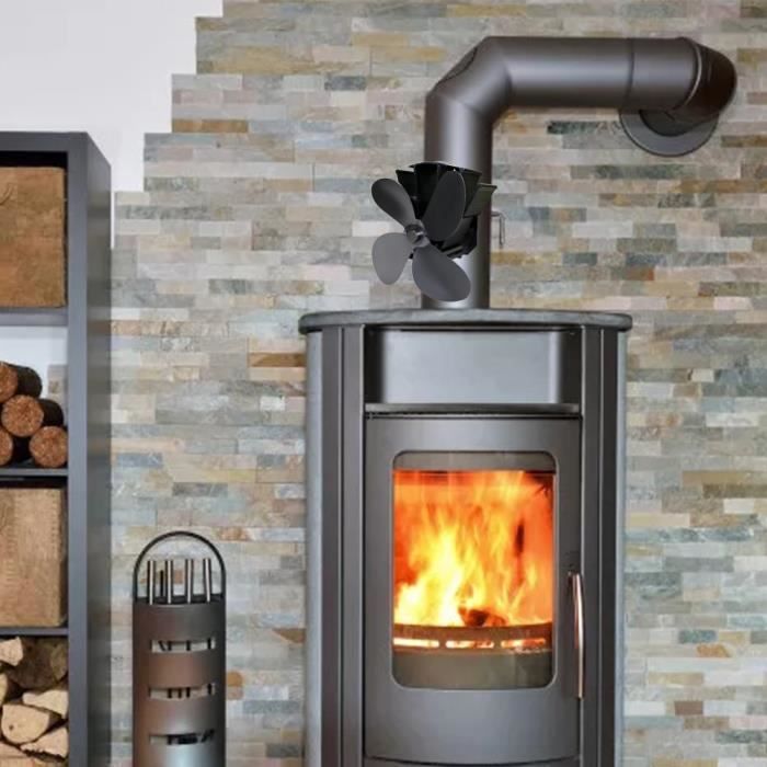 Ventilateur de poêle à bois, ventilateur de cheminée silencieux à 4 lames,  fixé sur tuyau, ventilateur de poêle pour cheminée / poêle à bois / gaz /  poêle à granulés, avec 2