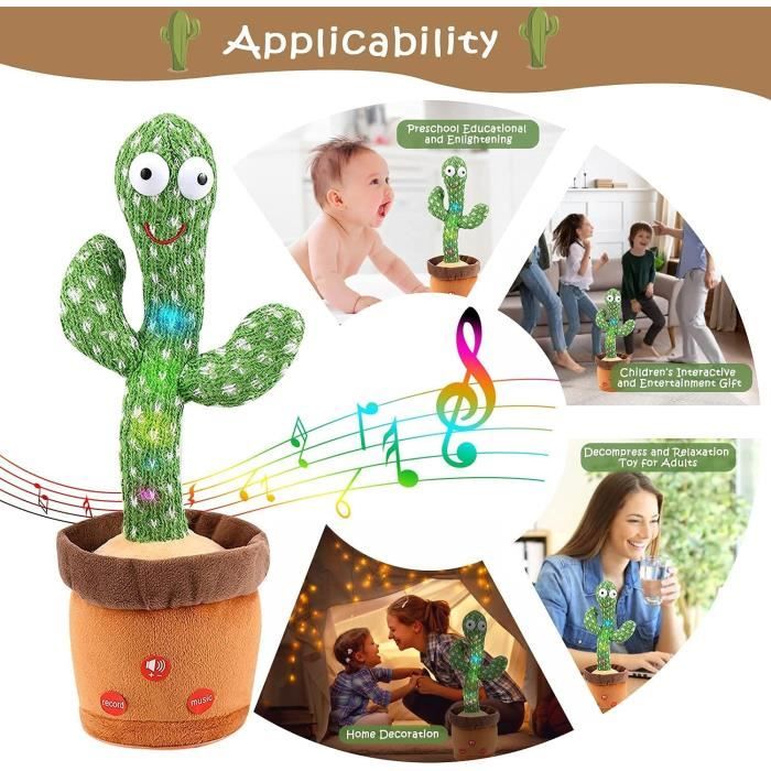 Cactus musical qui répète sons et les voix, parle et danse avec chargement  USB