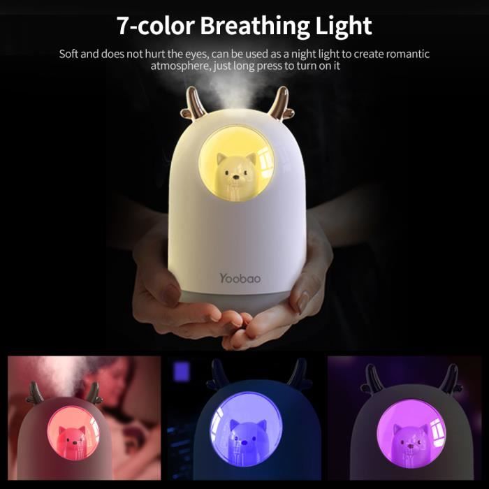 Humidificateur d'air de chambre de bébé Ultrasons silencieux avec 7  couleurs de lumière 12 heures d'arrêt automatique, 300ml, rose