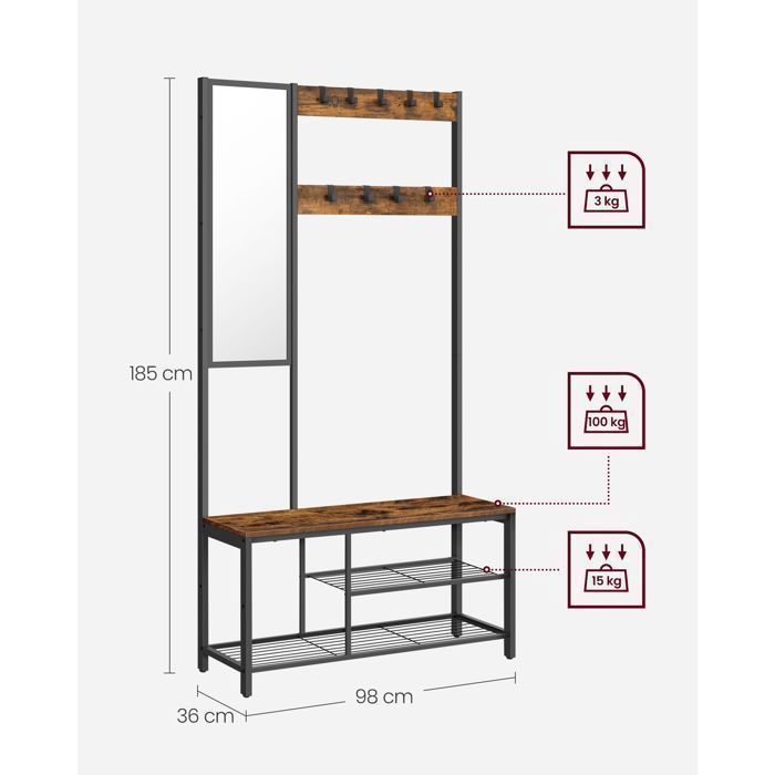 VASAGLE Meuble D'Entrée 4-en-1 Avec Miroir, Banc, 9 Crochets Et Rangement Chaussures – Style Chêne Et Blanc, 36 X 98 X 185 Cm
