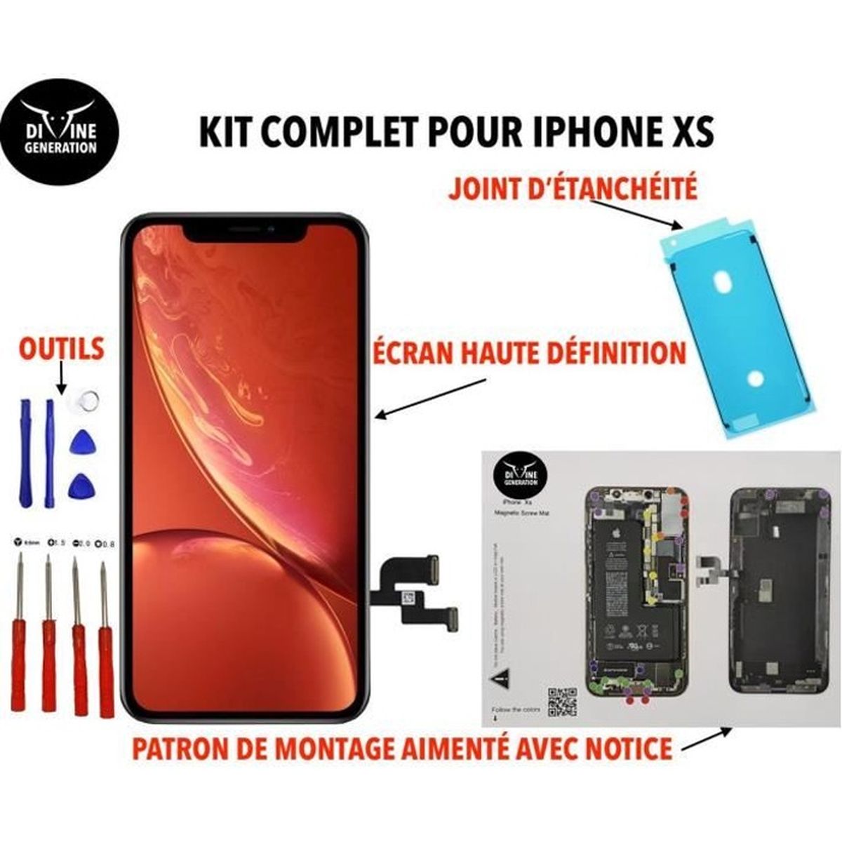 KIT COMPLET ÉCRAN IPHONE XS OLED QUALITÉ PROCHE ORIGINAL AVEC OUTILS , JOINT D ETANCHEITE