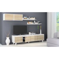 Dmora Mur équipé pour salon, meuble TV de salon avec étagères et élément mural, chêne et blanc brillant, Dimensions 200 x 41 x 50 cm