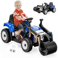 GOPLUS Tracteur Électrique Enfants 3 Ans+ avec Rouleau Compresseur3-8Km-h,Télécommande 2,4G,Effets Sonores-Lumineux Charge 30KG,Bleu