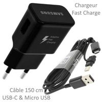 Pour Samsung Galaxy NOTE 8 : Chargeur Rapide USB Original 2A + Câble Long Noir Univ