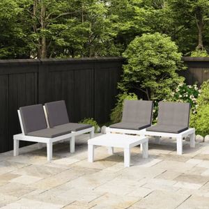 Ensemble table et chaise de jardin Salon de jardin - Plastique - Blanc - Coussins anthracite - Table 65x65x33cm - Banc 130x65x70cm