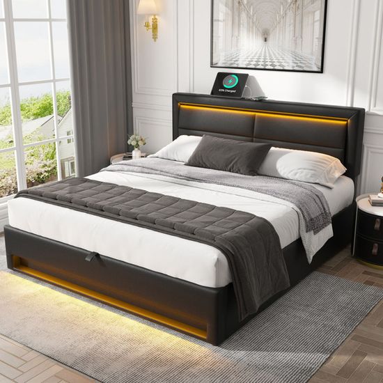 Lit Double Rembourré Gris Avec LED, Espace De Rangement Et Ports USB - 140x200 Cm, Sans Matelas, Moderne Et Pratique