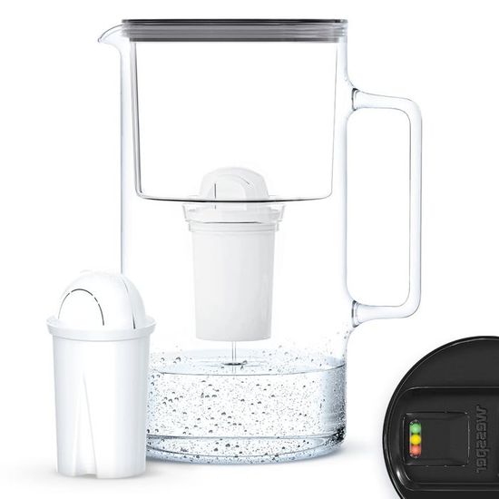 Caraffa Filtrante In Vetro Borosilicato Wessper 3 Litri Con Contatore - Compatibile Con Cartucce Aquaphor/Brita/Dafi, +1 Cartuccia Inclusa, Bianca