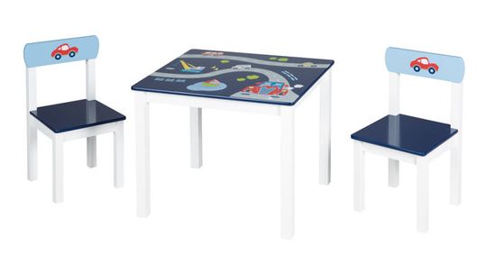 ROBA Ensemble Table + 2 Chaises Enfants - Rennfahrer - Motif Véhicules et Voitures - Table de Jeu - Bleu / Blanc