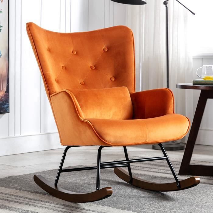 Fauteuil A Bascule Scandinave pour Salle d'Allaitement Salon Chambre Bureau Chaise A Bascule Velours Pieds en Bois Caramel