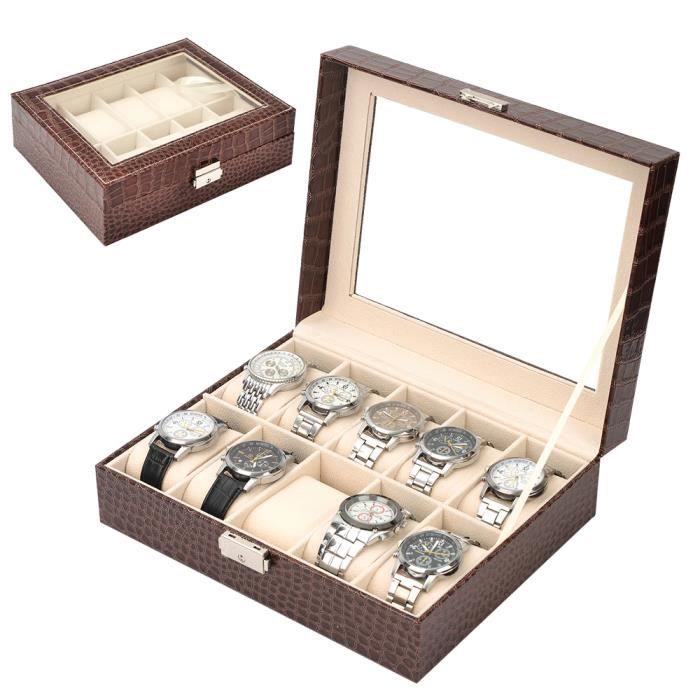 JANZDIYS Boîte de montre-25x20x8cm-Cuir PU-Motif crocodile-doublure en velours-Avec 10 compartiments et couvercle en verre