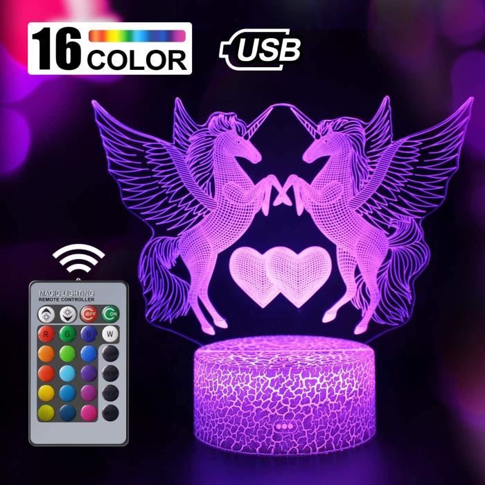 Nice Dream Veilleuse Licorne 3D pour Enfants, Fille Lampe LED USB Veilleuse Illusion, 16 Couleurs Changeantes avec Télécommande pour