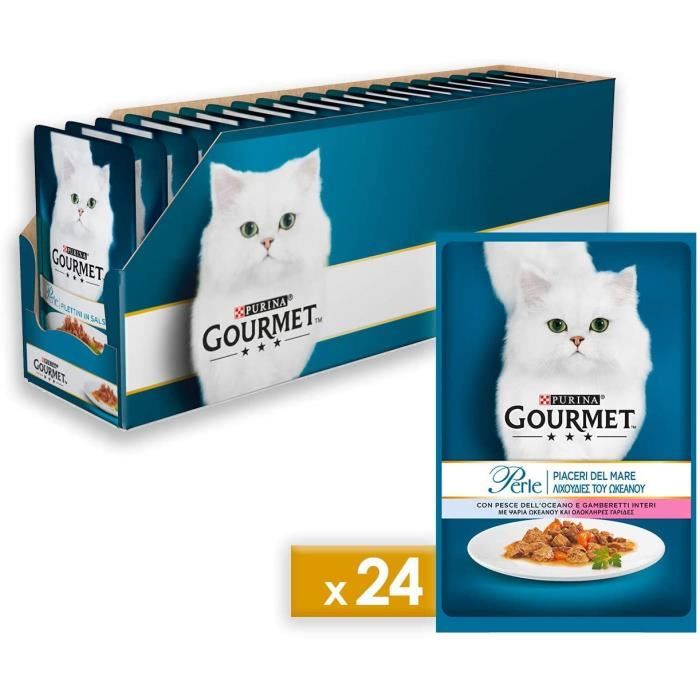 Gourmet Perle Aliment pour Le Chat, plaisirs du mer avec Poisson de l'océan et crevettes Entiers, 85 g – Lot de 24 pièce 448097
