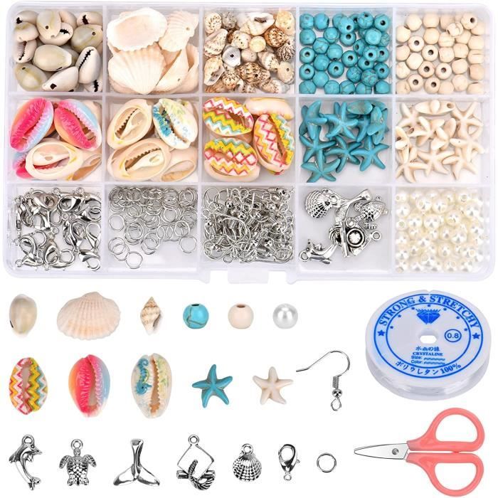 Kit Bijoux Création,Kit de Perles de Bricolage DIY Coquillage Turquoise,Bracelet Réglable Pied Conque,pour fille à la Main