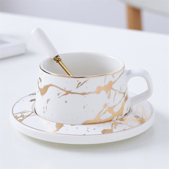 Service à café avec soucoupes,Tasse à café en marbre avec soucoupe et cuillère, ensemble créatif en porcelaine mate, - Type WHITE