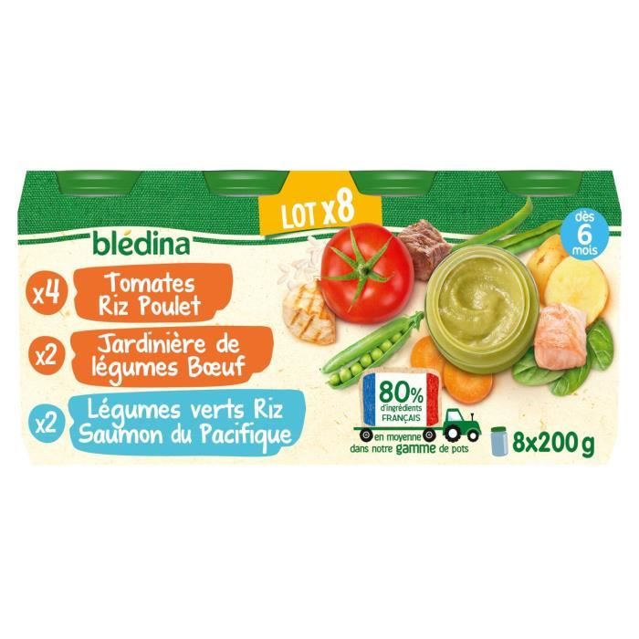 BLEDINA Petits Pots Bébé - Dès 6 mois - Tomates Riz Poulet, Légumes Bœuf, Légumes Riz Saumon - 8 pots de 200 g