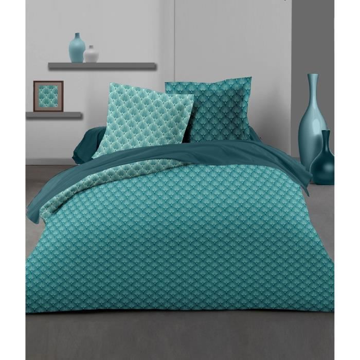LOVELY HOME Parure de couette Lucie - 1 housse de couette 220x240 cm + 2 taies 65x65 cm volant plat piqué - 54 Fils - Vert