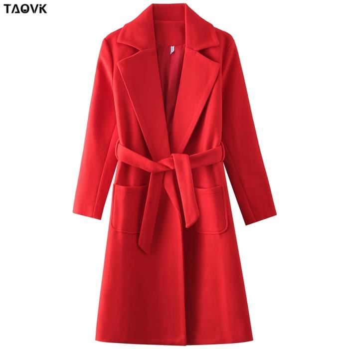 Manteau,TAOVK – manteaux à col rabattu pour femmes, vestes et manteaux mi longs à ceinture, laine et mélanges, manteau - Type Red