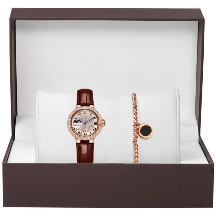 Coffret cadeau montre femme , montre à quartz élégante + bracelet - cuir - marron