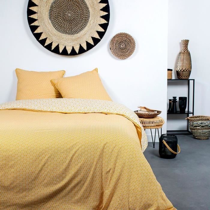 TODAY Parure de lit 2 personnes - 240 x 260 cm - Coton imprime jaune Ethnique DESERT CHIK Kalahari