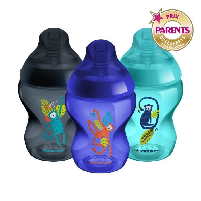 Tommee Tippee - Biberons Closer to Nature - Tétine Imitant le Sein Maternel Valve Anti-Colique - 260 ml - Lot de 3 - Bleu