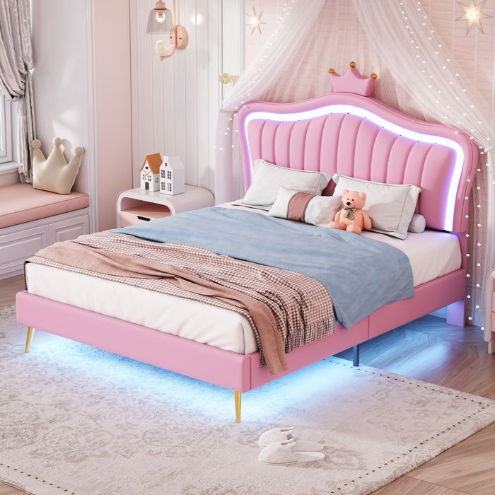 DRIPEX Lit denfant LED 140x200cmLit double en cuir PU avec couronne à la tête du lit sommier à lattes et dossierRose