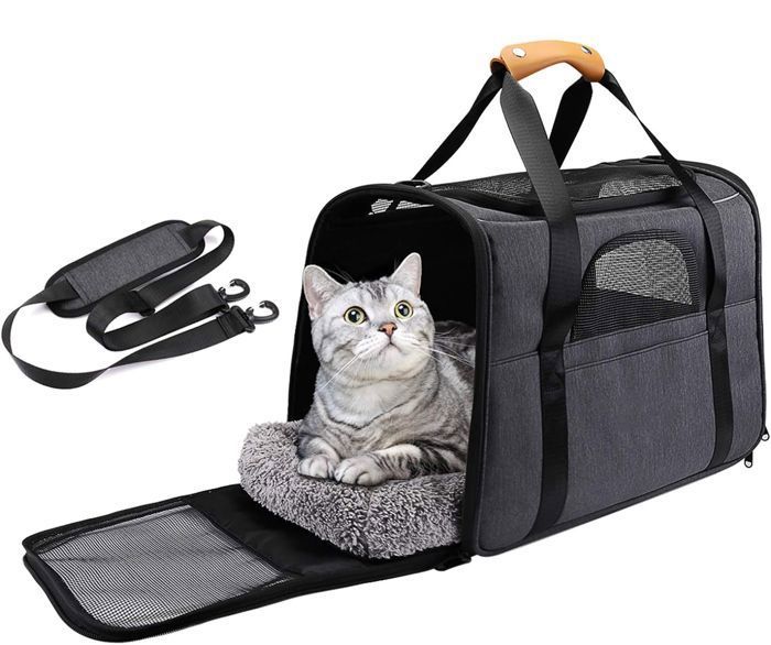 Comparer les prix de Sac Transport Chat,  Respirant et Pliable, Caisse de Transport Chat avec Bandoulière Réglable, avec Matelas en Peluche Amovible