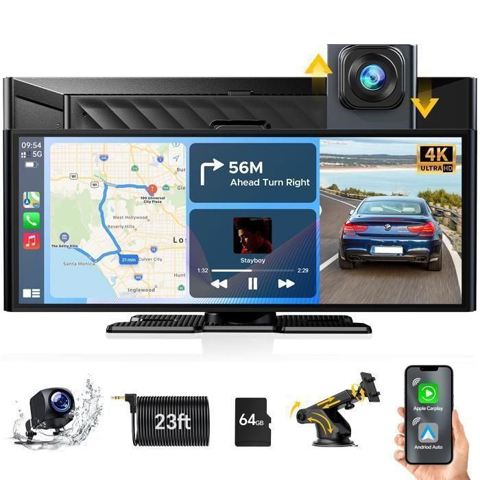 Écran Tactile 9,3" CarPlay 4K + Dashcam 4K & Caméra Recul 1080p – Navigation Sans Fil, MirrorLink, 64Go