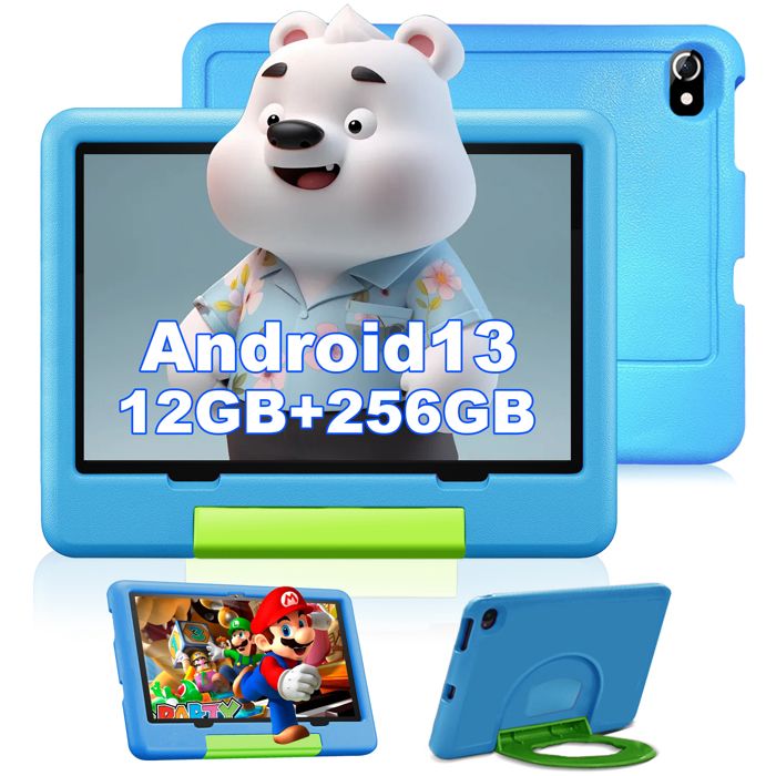 Tablette Enfants 10 Pouces Tablette Android 13 12GB RAM+256GB ROM (TF 1TB)  Éducative Contrôle Parental Kid-Proof Étui Bleu