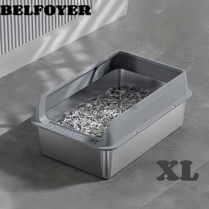 Comparer les prix de Bac à litière Chat Semi-fermé XL - BELFOYER - en Inox - Grande Capacité avec Haut Bord - 60 x 40 x 30 cm - Gris