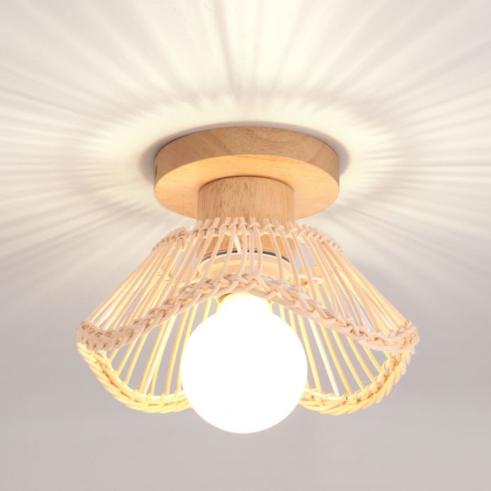 Plafonnier Moderne TOKIUS - Lampe de Plafond en Rotin et Bois Ø 22 cm - E27 40W - Lustre pour Chambre Couloir Cuisine - Naturel