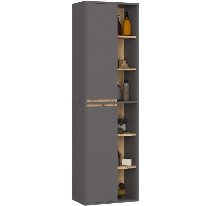 Colonne salle de bains VAMI suspendu Gris Graphite et Chêne Artisan 50 cm 2 portes 10 étagères 50x30x170 cm