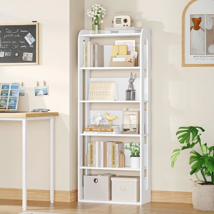 Bibliothèque étagère en Bois à 6 Niveaux étagère géométrique 3D de Bureau Bibliothèque sur Pied en Bois 24 x 60 x 153 cm Blanc