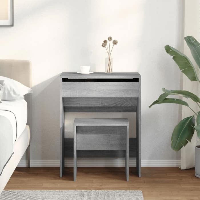 Coiffeuse avec tabouret - vidaXL - Sonoma gris - 60x40x75 cm - Miroir intégré - 1 compartiment - Bois dingénierie