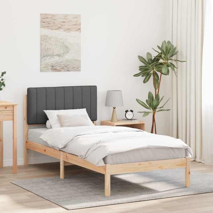 Structure de lit avec tête de lit rembourrée - UU - Gris foncé - 90x190 cm - Pin massif - Cadre à lattes