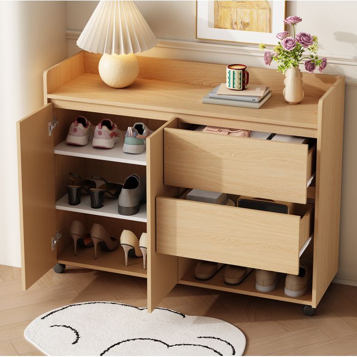 Meuble à chaussures sur roulettes. 2 portes 2 tiroirs. avec étagères réglables.dentrée de salon. 110×35×86 cm.naturelle