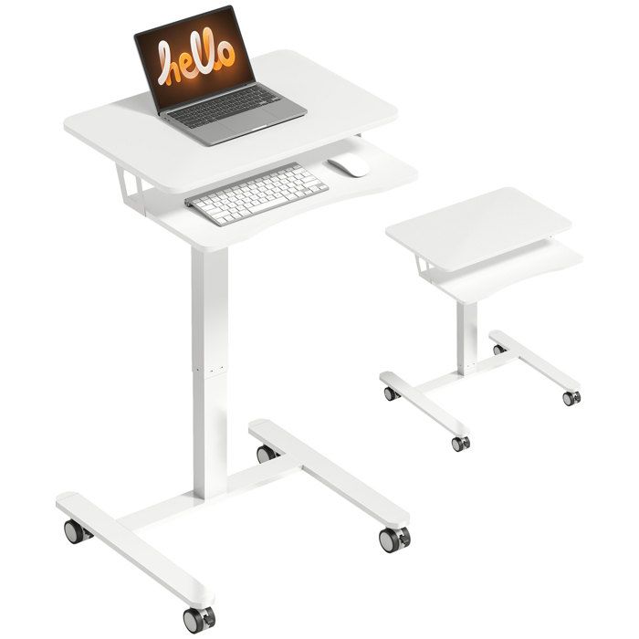 Bureau assis-debout - HOMCOM - hauteur réglable pneumatique - plateau clavier et roulettes - acier - 65 x 60 x 71-107 cm - blanc