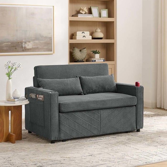 Canapé-lit 2 places - 3‑en‑1 - Convertible coulissant - Tissu gris hautement élastique - Port USB intégré